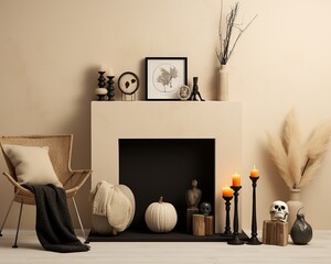 On a chilly halloween night, a cozy room with warm furniture, a flickering fireplace, and shelves of inviting objects creates a comforting atmosphere that invites relaxation