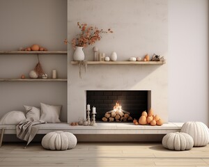 On a dark and eerie halloween night, the warm glow of the fireplace illuminates the room, with pillows and vases adorning the shelf and hearth, creating a cozy yet mysterious atmosphere