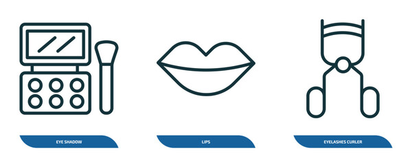 set of 3 linear icons from beauty concept. outline icons such as eye shadow, lips, eyelashes curler vector