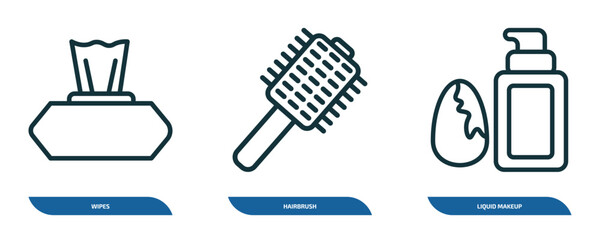 set of 3 linear icons from beauty concept. outline icons such as wipes, hairbrush, liquid makeup vector