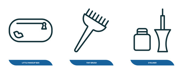 set of 3 linear icons from beauty concept. outline icons such as little makeup box, tint brush, eyeliner vector