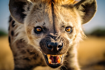 Closeup of a hyena with striking face, roaring at the viewer, and ready to attack.