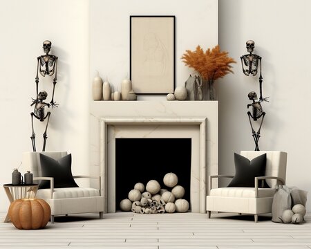 A crackling fire illuminates the cozy room, where a vase of vibrant flowers sits atop a shelf beside the hearth, adorned with eerie skeleton decorations and an ornate picture frame