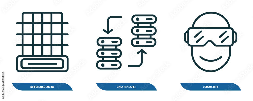 Poster set of 3 linear icons from artificial intellegence concept. outline icons such as difference engine,