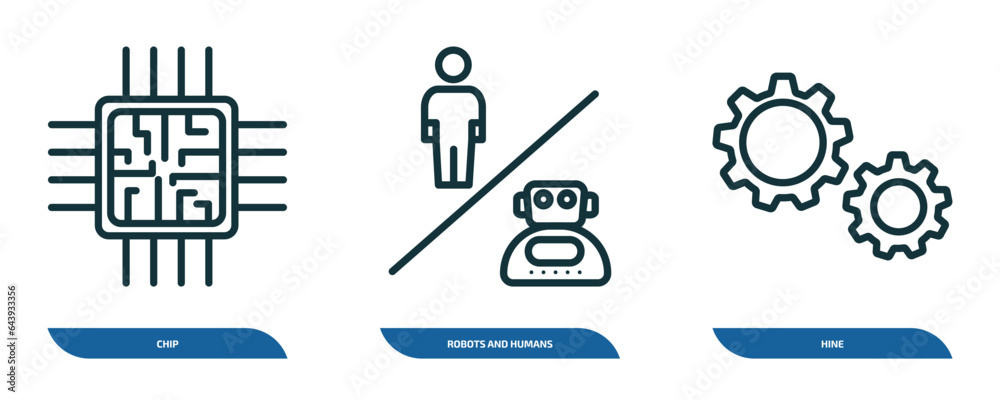 Poster set of 3 linear icons from artificial intellegence concept. outline icons such as chip, robots and h