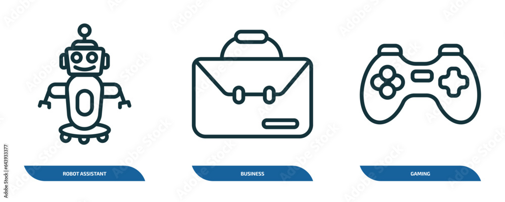 Poster set of 3 linear icons from artificial intellegence concept. outline icons such as robot assistant, b