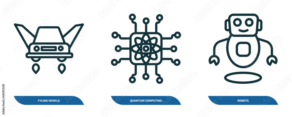 Poster set of 3 linear icons from artificial intellegence concept. outline icons such as fyling vehicle, qu