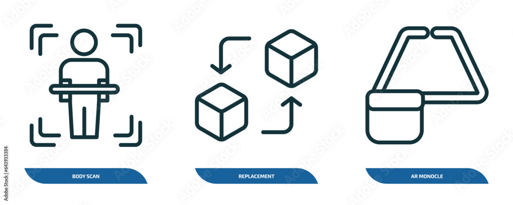 Poster set of 3 linear icons from artificial intellegence concept. outline icons such as body scan, replace