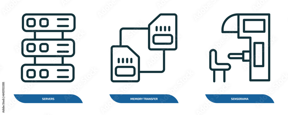 Poster set of 3 linear icons from artificial intellegence concept. outline icons such as servers, memory tr