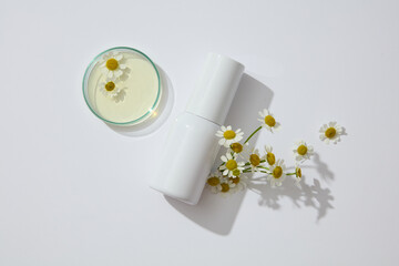Unlabeled bottle in white color displayed with a petri dish of flowers and liquid. Chamomilla (Matricaria chamomilla) extract it is also reputed to promote positive,