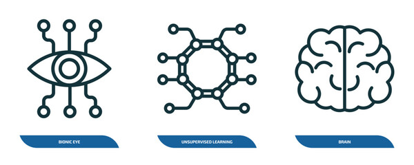 set of 3 linear icons from artificial intellegence concept. outline icons such as bionic eye, unsupervised learning, brain vector