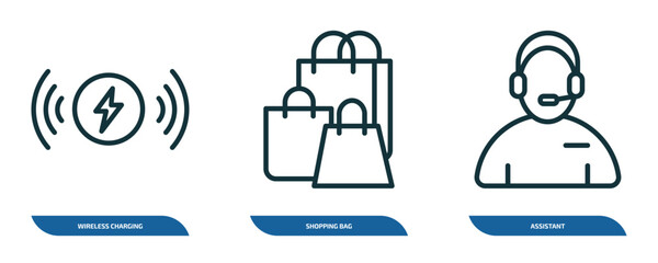 set of 3 linear icons from artificial intellegence concept. outline icons such as wireless charging, shopping bag, assistant vector