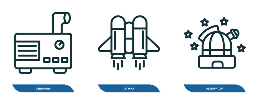 set of 3 linear icons from astronomy concept. outline icons such as generator, jet pack, observatory vector