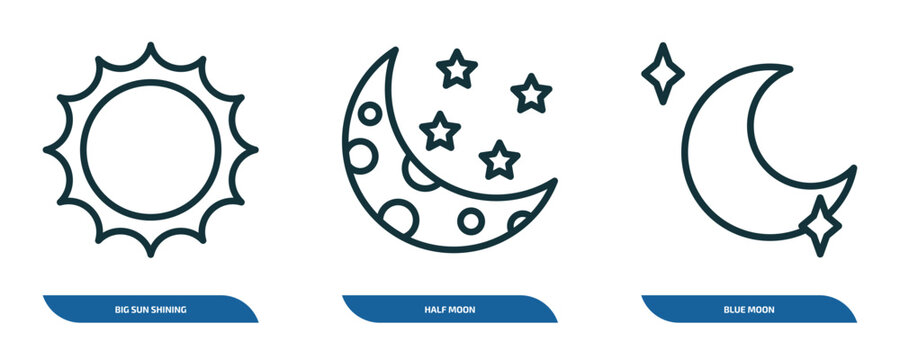 set of 3 linear icons from astronomy concept. outline icons such as big sun shining, half moon, blue moon vector