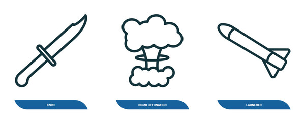 Fototapeta premium set of 3 linear icons from army and war collection. concept. outline icons such as knife, bomb detonation, launcher vector