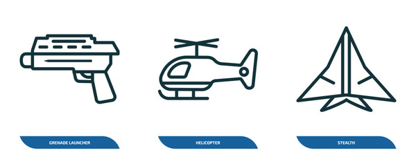 set of 3 linear icons from army and war concept. outline icons such as grenade launcher, helicopter, stealth vector