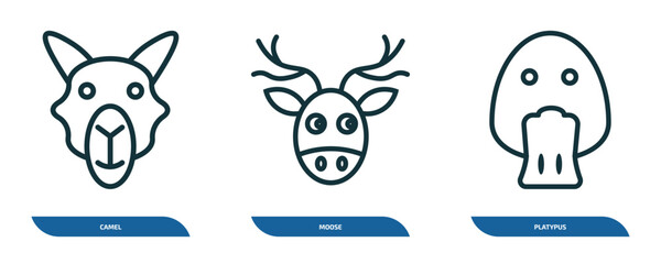 set of 3 linear icons from animals concept. outline icons such as camel, moose, platypus vector