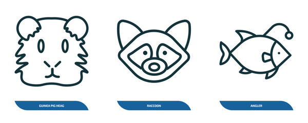set of 3 linear icons from animals concept. outline icons such as guinea pig heag, raccoon, angler vector