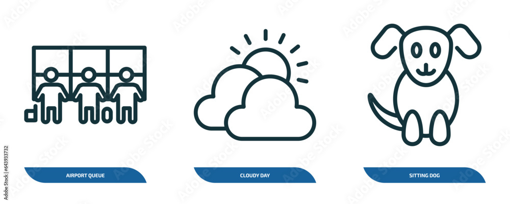 Wall mural set of 3 linear icons from airport terminal concept. outline icons such as airport queue, cloudy day