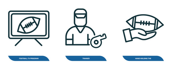 set of 3 linear icons from american football concept. outline icons such as football tv program, trainer, hand holding the ball vector