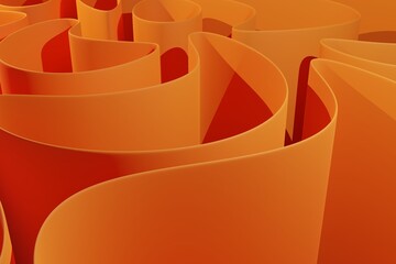 Orange abstract background in minimalist style concept of curved sheets of paper, background for advertising. 3D rendering