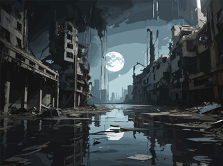 complex vector-style background image depicting a post-apocalyptic wasteland, with crumbling buildings, overgrown vegetation, and hints of a once thriving civilization. 