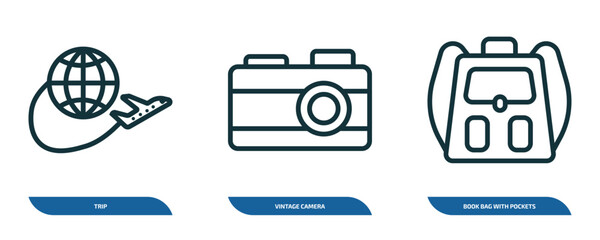 set of 3 linear icons from airport terminal concept. outline icons such as trip, vintage camera, book bag with pockets vector