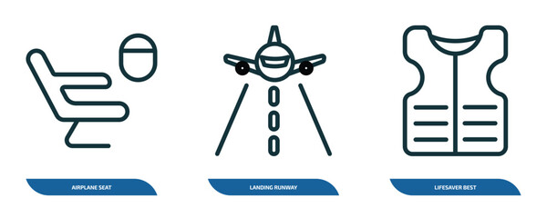 set of 3 linear icons from airport terminal concept. outline icons such as airplane seat, landing runway, lifesaver best vector