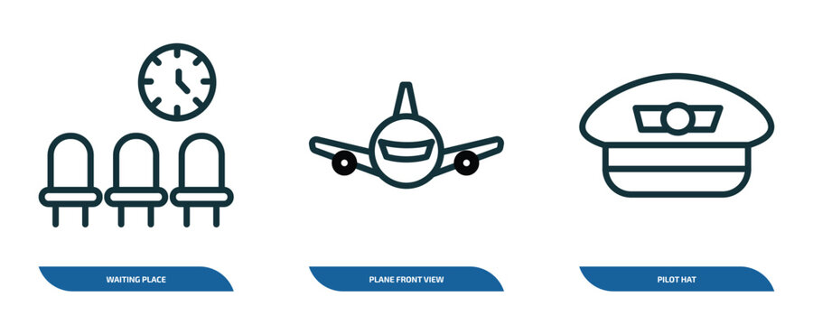 set of 3 linear icons from airport terminal concept. outline icons such as waiting place, plane front view, pilot hat vector