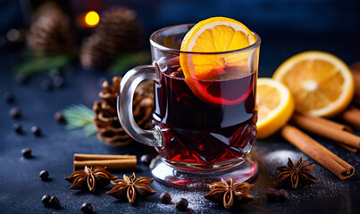 Traditional Christmas Mulled Red Wine with Spices and Fruits on a Festive Blue Background – A Warm Holiday Beverage