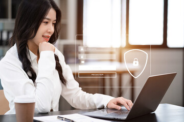 Businessman typing login and password in the concept of cyber security, information security, data...