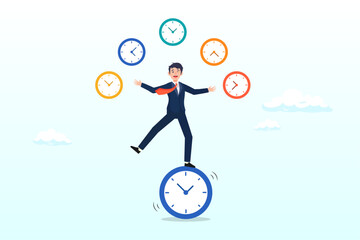 Businessman juggling clocks and balance him self on the clock, time management for best efficiency and productivity, manage project and control timeline or schedule, speed or fast work (Vector)