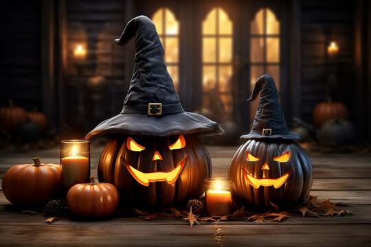 Generative AI Image of Scary Halloween Pumpkins with Burning Candles in Old House at Night