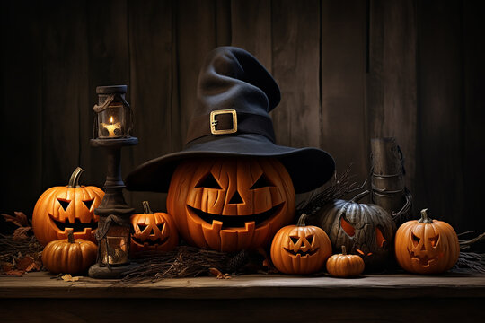 Generative AI Image of Scary Halloween Pumpkins Head Wearing a Witch Hat on Wooden Background