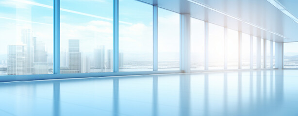office corridor interior with large panoramic windows at dawn. Generative Ai