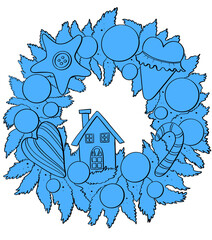 contour line illustration design element christmas tree wreath toy ball ornaments close up flat style blue