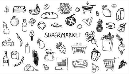 A set of "Supermarket" icons. Vector hand-drawn doodles. Isolated objects on a white background. Vegetables, basket, bag, cart, food, drinks.