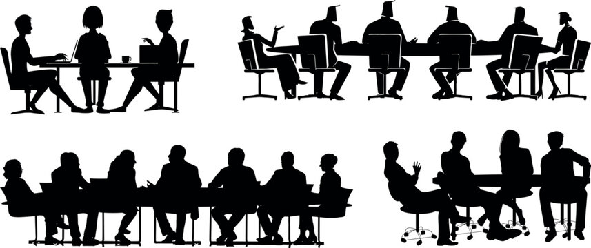 Business People Having A Meeting  Men And Women Business Meeting On A Table Vector Silhouettes