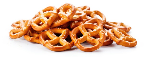 A pile of pretzels on the white background. Generative AI.
