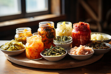 Gut-Boosting Spread: Table Loaded with Fermented Delights like Sauerkraut and Kimchi, Packed with Probiotics