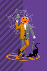 Image collage poster of scary creepy angry male character pumpkin face and domestic pet isolated on purple color drawing background