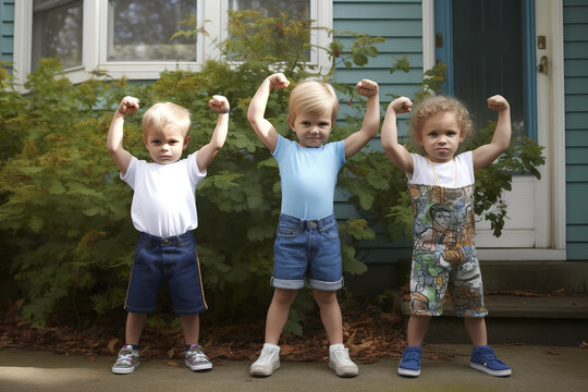 A lighthearted scene as children playfully show off their tiny "muscles" with exaggerated pride