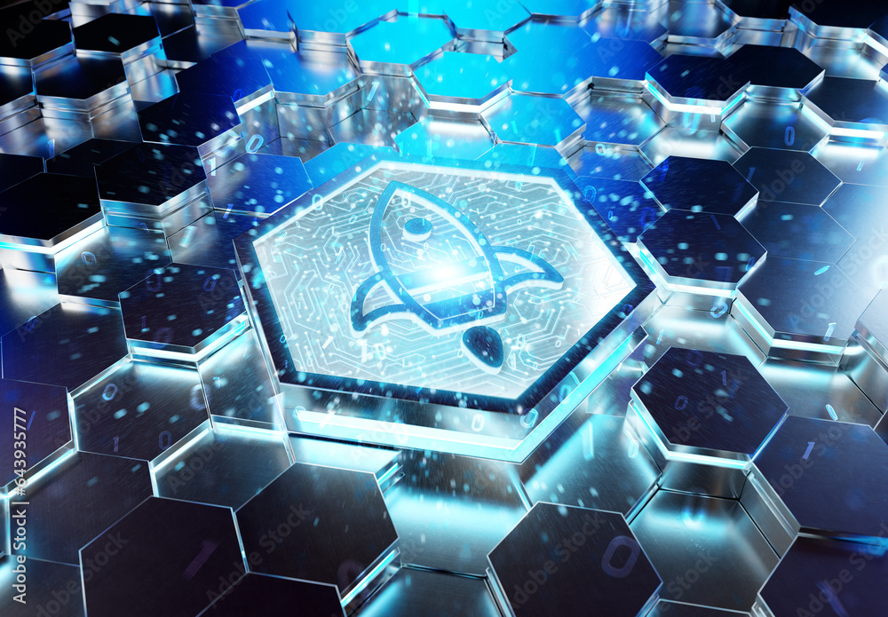 Aufkleber Spaceship icon innovation concept engraved on metal hexagonal pedestral background. Rocket startup logo glowing on abstract digital surface. 3d rendering