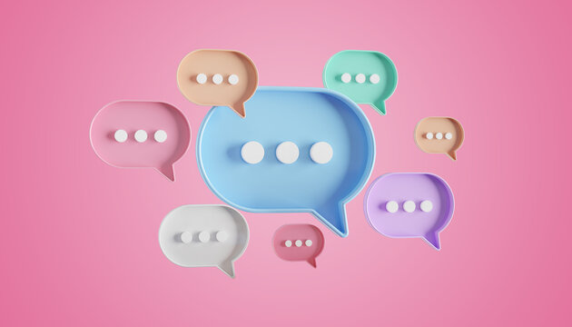 Minimalist blue red orange green purple speech bubbles talk icons floating over pink background. Modern conversation or social media messages with shadow. 3D rendering