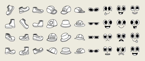 Set of 70s groovy comic vector. Collection of cartoon character faces in different emotions and glasses, hat, shoes. Cute retro groovy hippie illustration for decorative, sticker.
