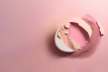 Trendy clean makeup design made from blush, bronzer, loose and compact face powder. Creative makeup aesthetic with copy space. - obrazy, fototapety, plakaty