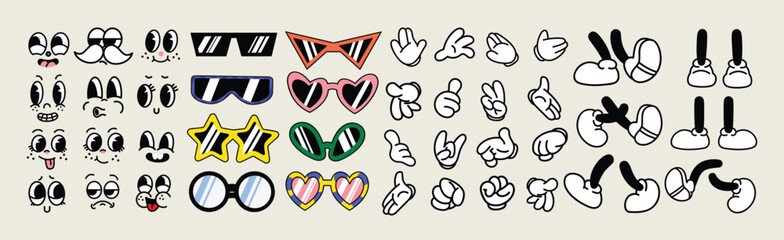 Set of 70s groovy comic vector. Collection of cartoon character faces in different emotions, hand, glove, glasses, shoes. Cute retro groovy hippie illustration for decorative, sticker. © TWINS DESIGN STUDIO