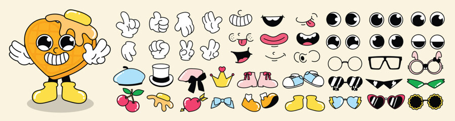 Fototapety  Set of 70s groovy comic vector. Collection of cartoon character faces in different emotions, hand, glove, glasses, hat, shoes, hairpin. Cute retro groovy hippie illustration for decorative, sticker.