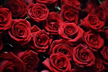 A detailed view of a bunch of crimson roses. Generative AI
