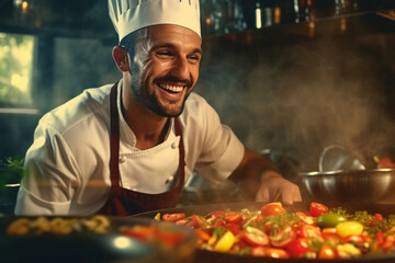 happy and smiling chef cooking in restaurant kitchen